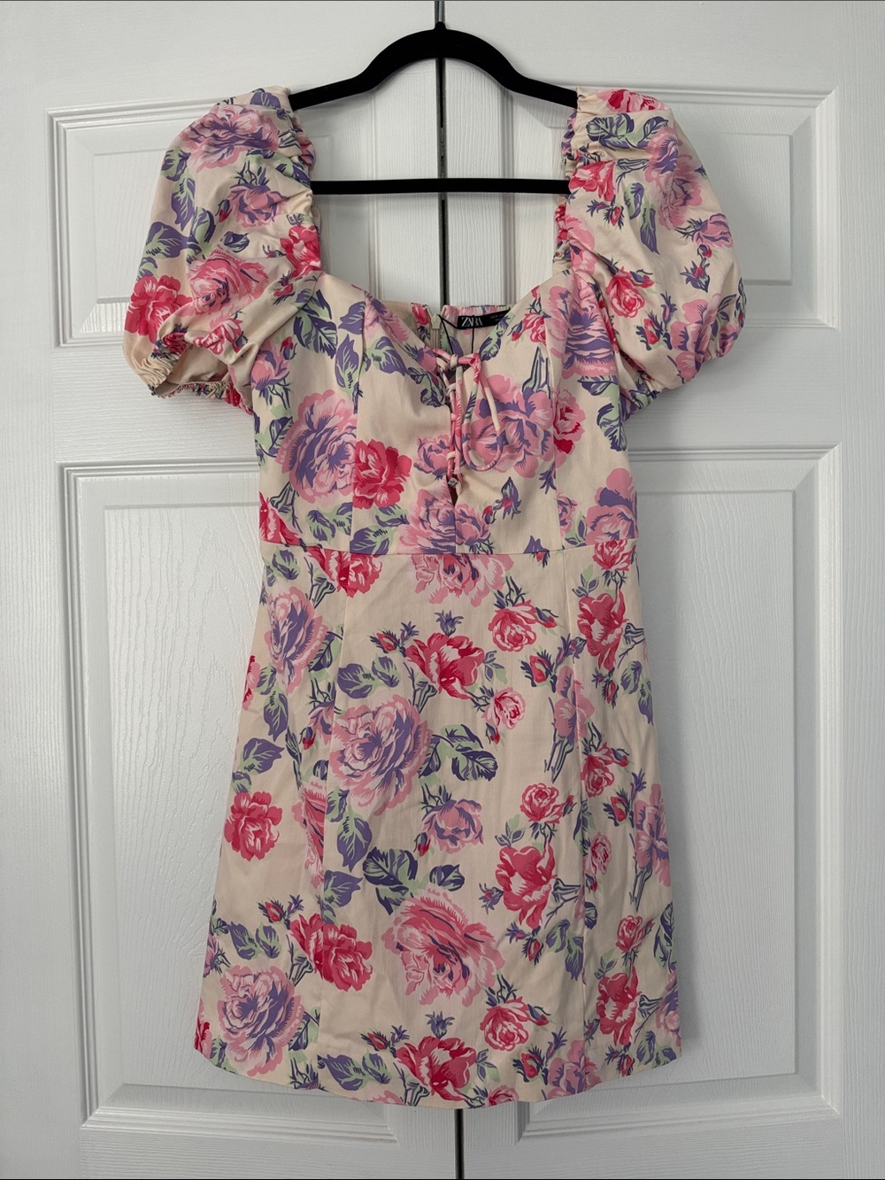 Zara Floral Puff-Sleeve Mini Dress - Cream with Pink & Purple Flowers